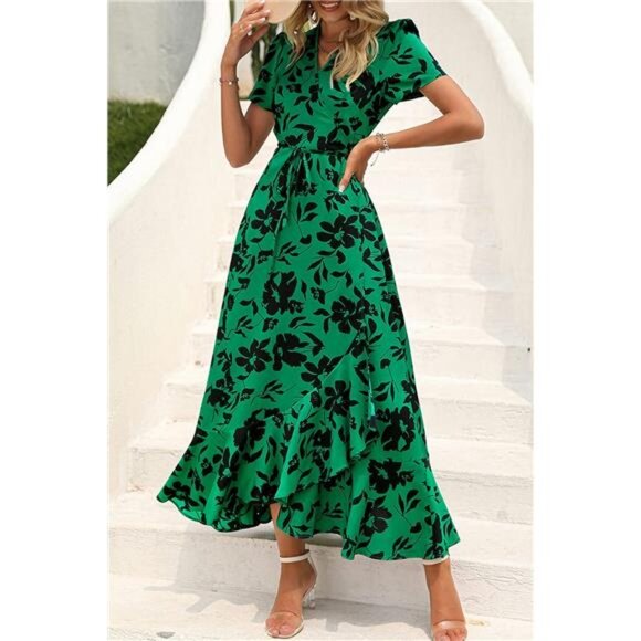 PRETTYGARDEN Women's Summer Wrap Maxi Dress Casual Boho Floral V Neck Short - Picture 3 of 7
